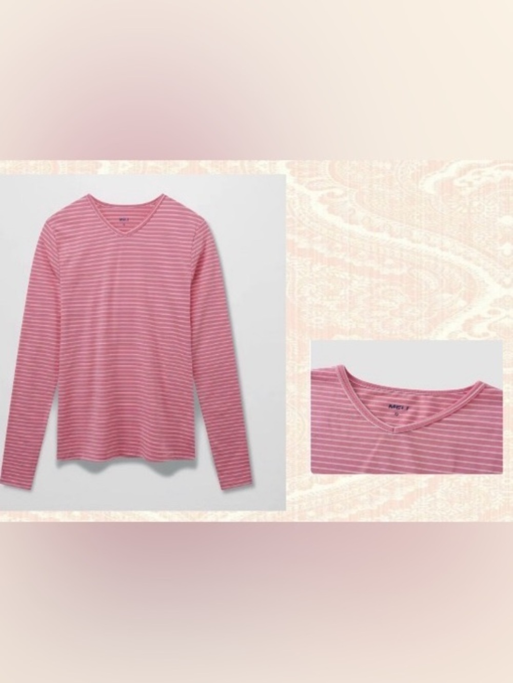 Women’s Long Sleeve Thin Striped V-Neck Top - Pink/White: Size Medium